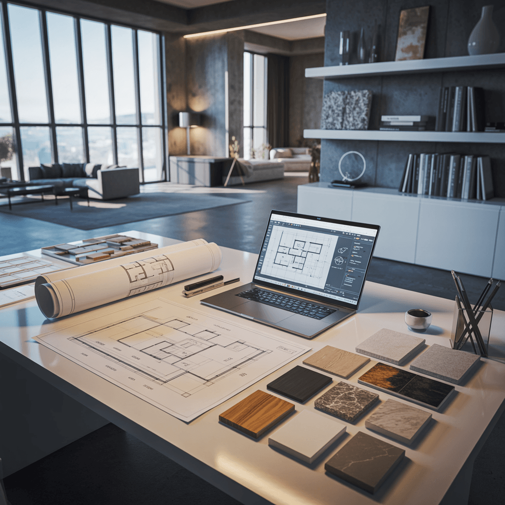 Mesa de arquitecto con plano, portátil con CAD y muestrarios de materiales