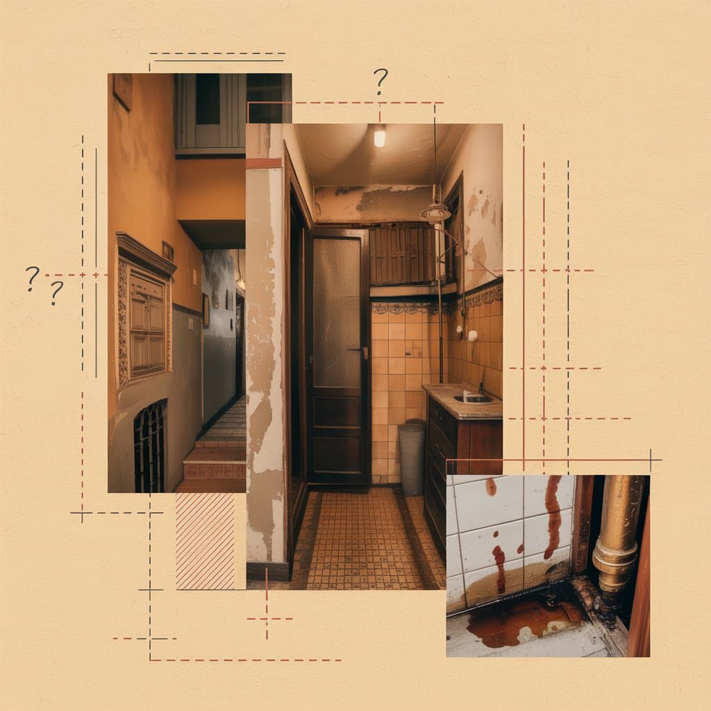 Collage editorial de un piso vintage con problemas marcados en rojo
