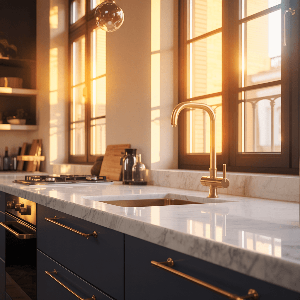 Cocina reformada con acabados premium en mármol blanco y latón